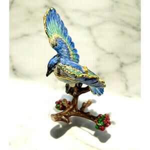 Blue Jay Enameled Bejeweled Trinket Box Austrian Crystals 4 Inches